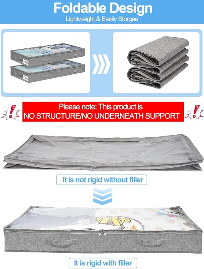 punemi 5 inch High Soft Fabric Low Profile Under Bed Storage, 2 Pack, Grey - Image 4