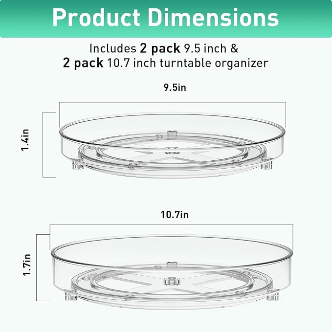 Optish 4 Pack Lazy Susan Organizer, 9.5 Inch, 10.7 Inch Lazy Susan Turntable for Cabinet, Turntable Organizer for Pantry Organizers and Storage, Non-Skid Fridge Organizer - Image 3