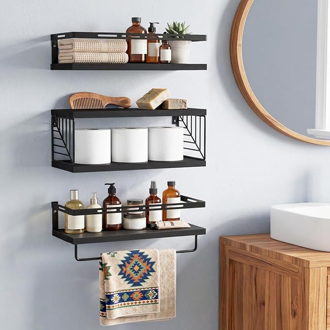 Fixwal Wall Mounted Bathroom Shelves Over Toilet (3+1 Black) - Image 5