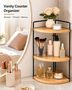 3-Tier Corner Bathroom Countertop Organizer, Solid Pine Wood Vanity Shelf - Image 5