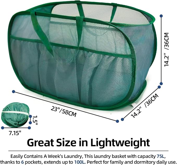 2 Pack Collapsible Laundry Baskets, Upgrade Pop Up Laundry Hamper with Convenient Bags, Foldable Laundry Basket Mesh Light Weight, Easy to Carry Clothes Hampers for Laundry, Dorm, Toys, Travel Green - Image 4