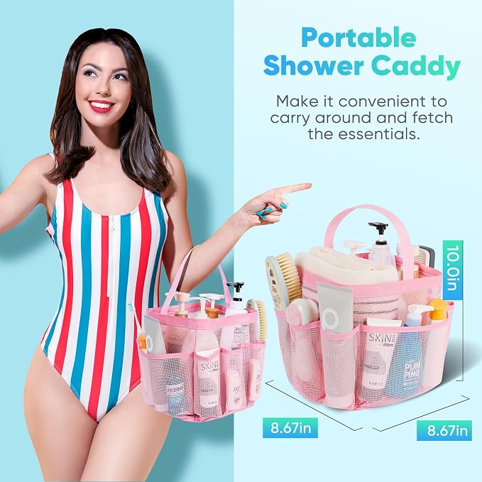 EUDELE Mesh Shower Caddy Portable for College Dorm Room Essentials,Portable Shower Caddy Dorm with 9-Pocket Large Capacity, Shower Bag for Beach, Swimming, Gym, Travel essentials, Pink - Image 3