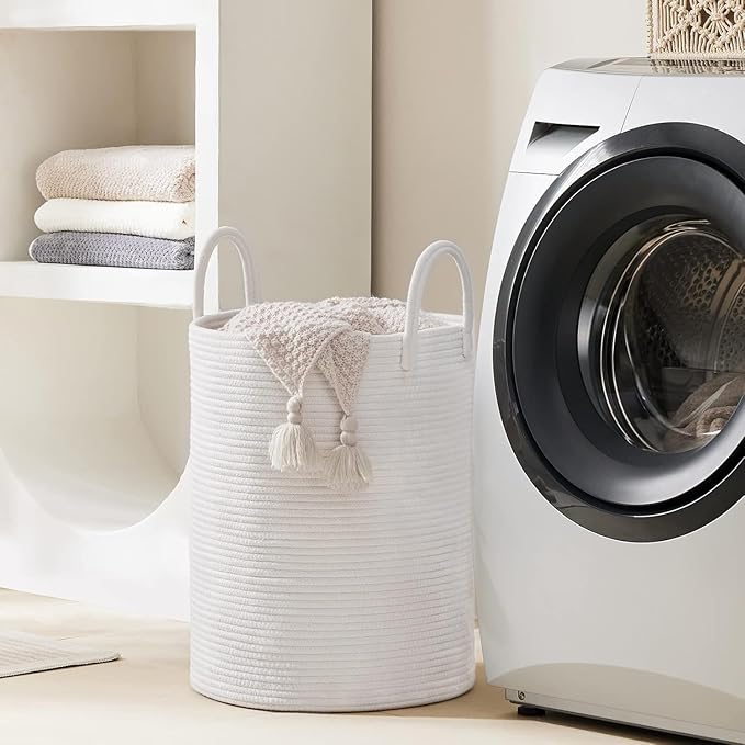 Woven Rope Laundry Hamper Basket by YOUDENOVA, 58L Tall Laundry Basket, Baby Nursery Hamper for Blanket Storage, Clothes Hamper for Laundry in Bedroom-Large-Pure White - Image 6