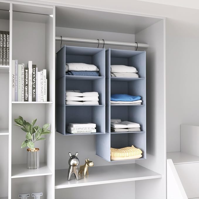 Hanging Closet Organizer 3-Shelf, Oxford Fabric Wardrobe Storage, Gray | Easy-mount foldable design holds clothes, handbags, shoes & accessories; washable Oxford fabric, sturdy and space-saving. - Image 4