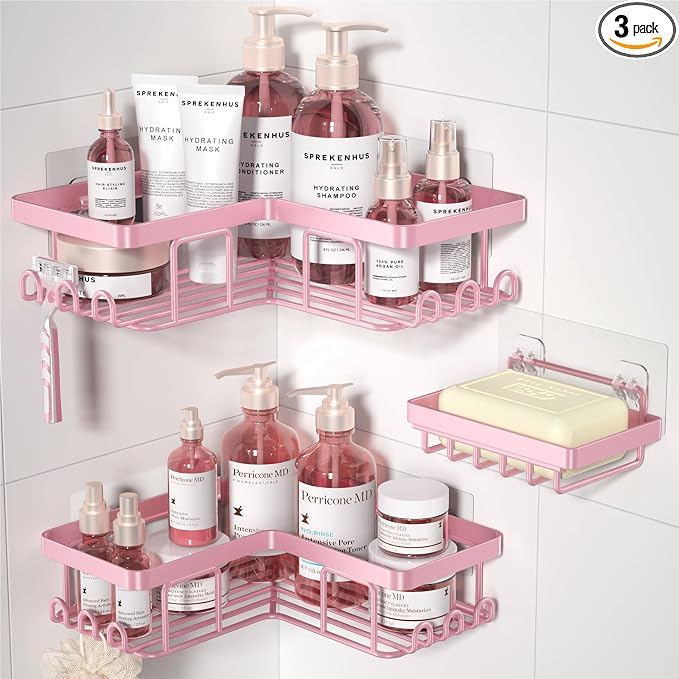 YASONIC Corner Adhesive Shower Caddy, with Soap Holder and 12 Hooks, Rustproof Stainless Steel Bathroom Organizer, No Drilling Wall Mounted Rack, Pink, 3-Pack by YASONIC