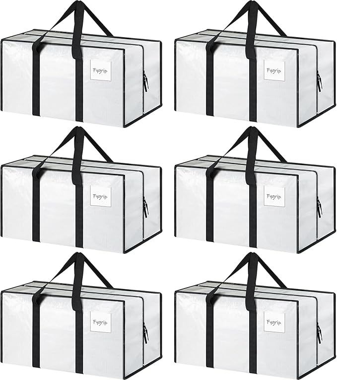 6 Pack Extra Heavy Duty Large Moving Bags with Strong Zipper, White | Comfortable Handles, Sturdy & Durable Clothes Storage Bags Totes Bins, Blue Packing Moving Boxes for College Supplies by Fygrip