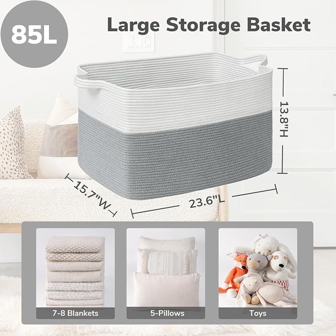Goodpick 85L Large Woven Rope Blanket Basket, Rectangle, White Gray - Image 3