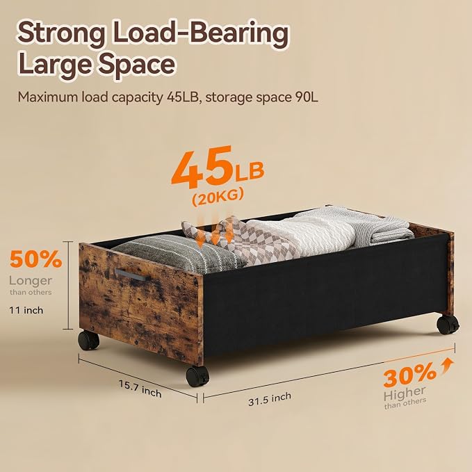 FOUCSSOMEI Under Bed Storage with Wheels, Wooden Under Bed Drawers On Wheels, Rolling Under Bed Shoe Storage, Space Saving, Rustic Brown,90L - Image 6
