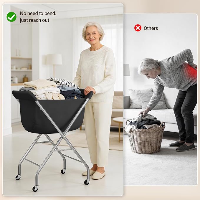 ELYKEN Laundry Basket with Wheels, Collapsible Laundry Hamper, Black - Image 8