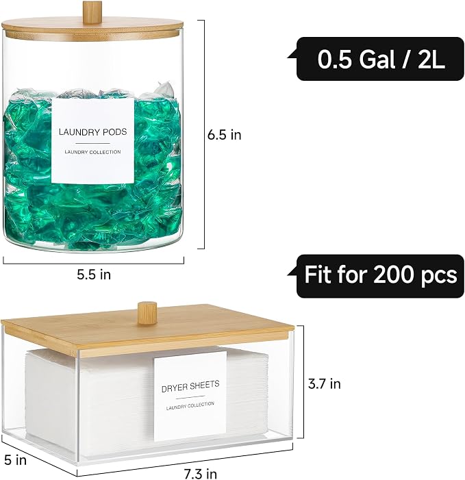 TIPGO Glass Jars and Acrylic Dryer Sheet Holder, Laundry Pods Container with Bamboo Lid and 27 Labels, Powder Detergent Containers for Laundry Room Organization, Storage Jars Set (3 Pack) - Image 3