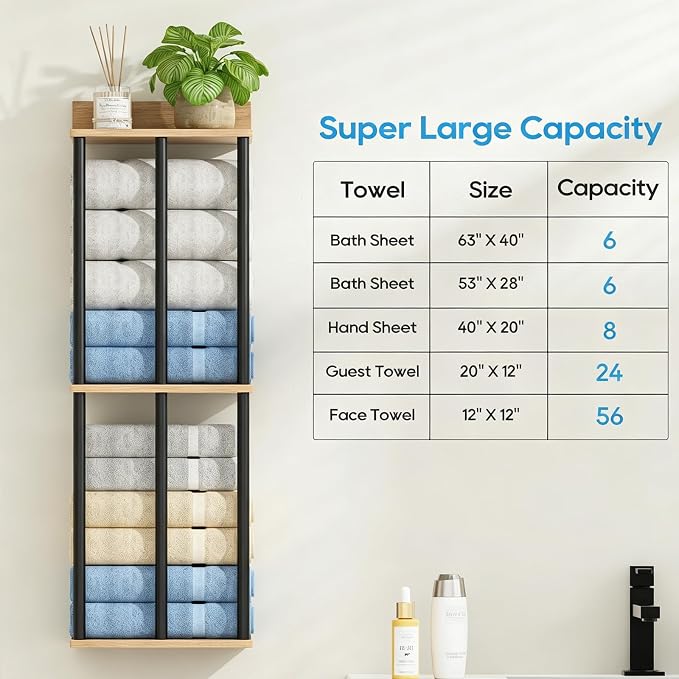 Towel Racks for Bathroom Wall Mounted with Wooden Storage Shelf - Image 4