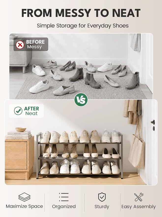 Bumusty 3 Tier Expandable Shoe Rack for Closet, Light Grey | 18"-33" Adjustable Shoe Rack for Entryway, Small Shoe Organizer for Dorm, Front Door, Sturdy Metal - Image 7
