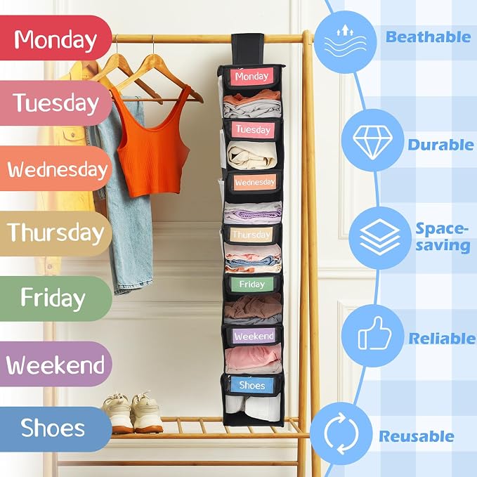 2 Pack 7 Shelf Weekly Clothes Organizer Hanging Closet for Kids with Side Pockets Weekday Shoes Rack Weekly Clothes Organizers Monday Through Weekend Foldable Storage Shelves(Black) - Image 5