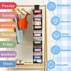 2 Pack 7 Shelf Weekly Clothes Organizer Hanging Closet for Kids with Side Pockets Weekday Shoes Rack Weekly Clothes Organizers Monday Through Weekend Foldable Storage Shelves(Black) - Image 5