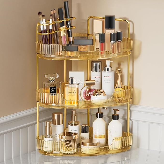 EUHOME 3-Tier Corner Bathroom Counter Organizer Makeup Cosmetic Storage, Tool-Free Installation Acrylic Vanity Shelf, Countertop Storage Organizers Perfume Tray for Bathroom, Dresser, Kitchen (Gold) by EUHOME