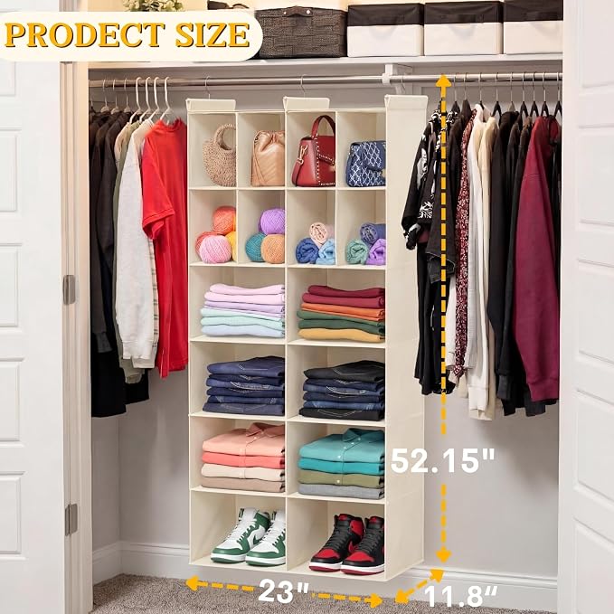 6 Tier Hanging Closet Organizer, 16 Compartments Dual Row Storage, Beige | Closet Organizers and Storage with Large & Small Pockets, 3 Sturdy Hooks Support Heavy Loads, Ideal for Dorm, Garment Rack - Image 3