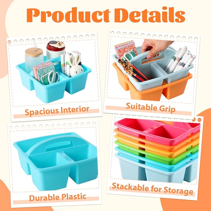 6 Pack Plastic Classroom Organizer Caddy with Handle, Multicolored - Image 3