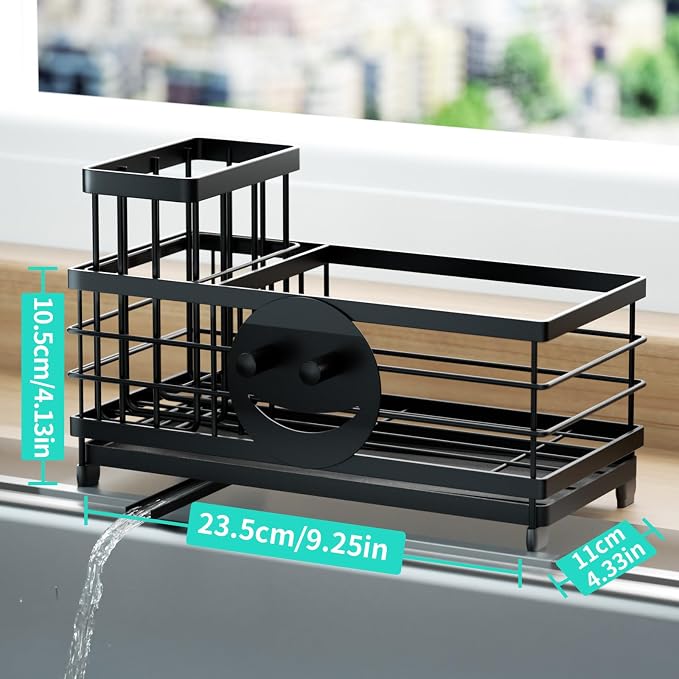 HapiRm Sponge Holder for Kitchen Sink - Self-draining Sink Caddy with Smiley Face and Brush Holder, Stainless Steel Kitchen Countertop Essentials and Gadgets - Black - Image 6