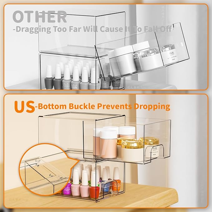 Yieach 4 Pack Clear Stackable Storage Drawers,4.4'' Tall Acrylic Drawer Containers for Organizing,Bathroom Organizers and Storage Bin Box,Plastic Makeup,Medicine Organizer Bins for Cabinet,Undersink - Image 4