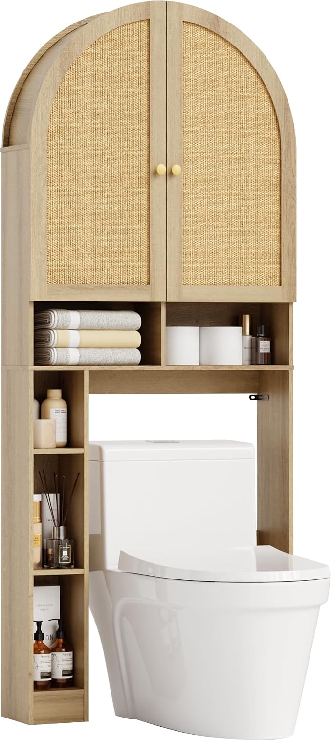Over The Toilet Storage Cabinet, 29.7”W Modern Storage Cabinet Over Toilet with Rattan Doors, Arched Freestanding Over Toilet Rack with Adjustable Shelf for Bathroom, Nature - Image 8