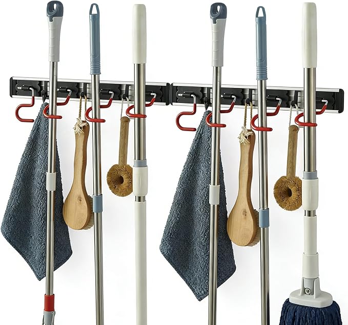 Wall Mounted Mop and Broom Holder, Stainless Steel, Red Black, 34 Inches, 8 Position Rack with 6 Hooks, S Type Organizer by MOYODOR