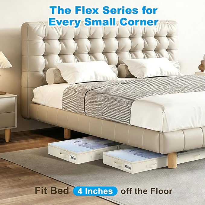 4 Inch Low Profile Under Bed Storage Drawer 2 Pack, Lightweight Underbed Clothes Storage Container Bins With NO STURCTURE, Shallow Storage Bag for Dorm & Home, With Clear Lids & Water-Resistant Fabric - Image 3