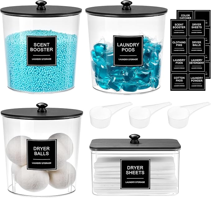 Laundry Pods Container & Dryer Sheet Holder, Laundry Room Organization and Storage Jars with Lids, Labels & Scoops for Powder Detergent Scent Booster, Black Lid by SACIOVEE