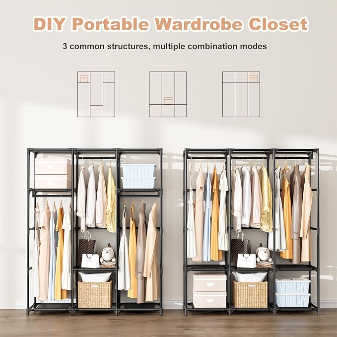 Wardrobe Closet Portable Closets for Hanging Clothes Large Capacity Clothes Rack with Cover, 3 Hanging Rods, 6 Shelves and 8 Pockets, Strong and Stable Free Standing Closet for Bedroom, Black - Image 6