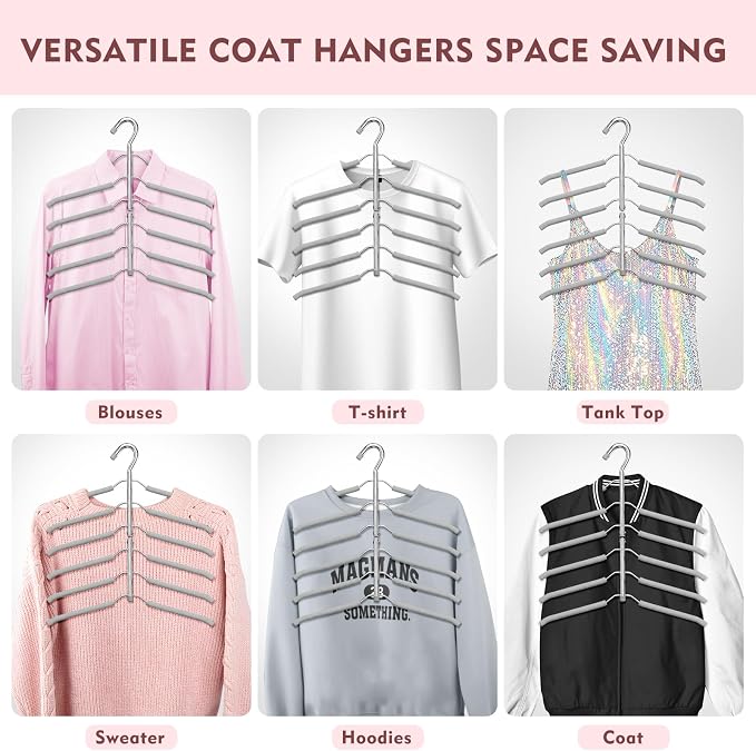 Space Saving Clothes Hangers,6 Tier Non Slip Shirt Hangers Closet Organizer | Space Saving Coat Hanger with Foam Padding,Closet Organizers and Storage for Shirts, Sweaters, Jackets, 2 Pack, Gray - Image 7