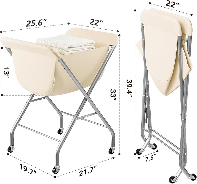 ELYKEN Laundry Basket with Wheels, Collapsible Laundry Hamper, Cream - Image 3