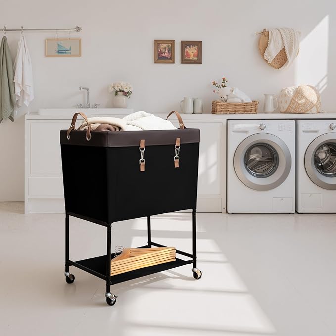 StorageWorks Laundry Cart, 2 Tier Rolling Basket with Wheels, 29 Gal, Black - Image 2