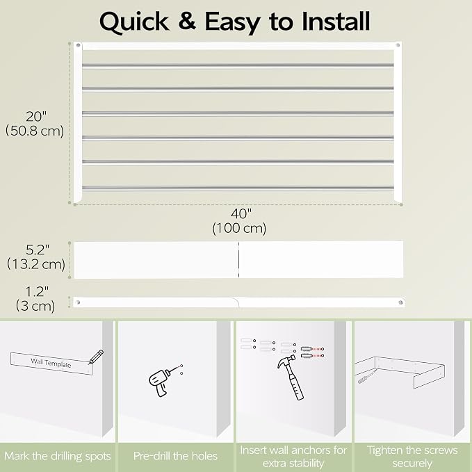 Vikaqi Wall Mounted Clothes Drying Rack 40 inches, Foldable Wall Mount Laundry Rack Folding Indoor, Drying Rack Clothing Collapsible, Hidden Space Saver with Wall Template, 6 Rods, White - Image 7