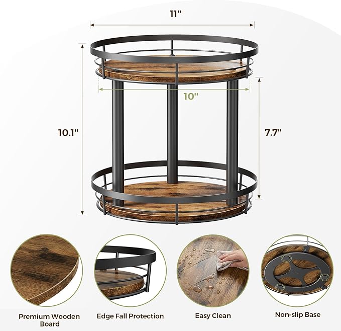 LAMU 10'' Wood Lazy Susan Spice Rack Organizer, 2 Tier Spice Organization for Cabinet, Countertop, Kitchen, Table Top, Pantry, Condiment and Seasoning Rack Organizer - Image 2