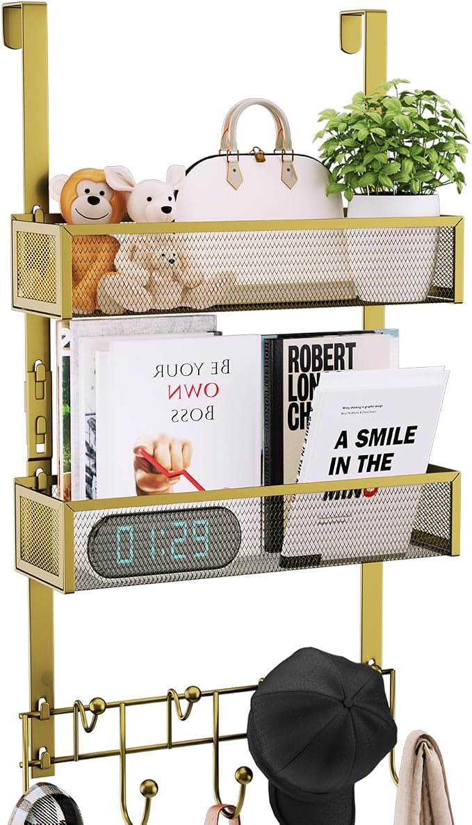 Consumest Over The Door Hooks Organizer - 3 Tier Door Hanger with 9 Coat Hooks & 2 Mesh Basket, Back Storage Organizer Hanging Towels for Bathroom, Bedroom, Gold by Consumest