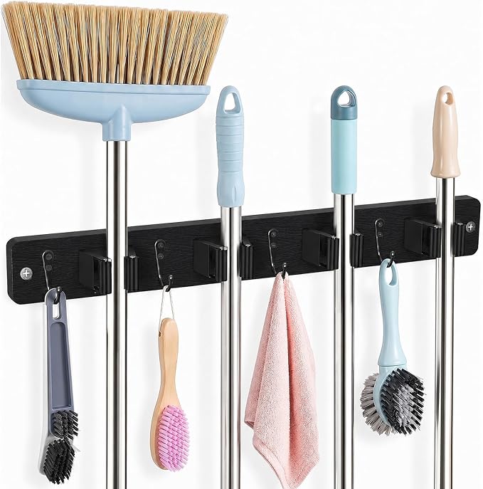 AceMining Black Broom Holder Wall Mount, 4 Holders 4 Hooks Mop Holder by AceMining