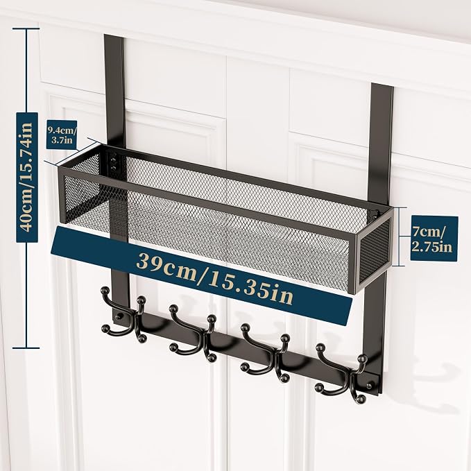 Consumest Over The Door Hooks Organizer - 2 Tier Over Door Hanger with 16 Hooks & 2 Baskets for Hanging Coat, Clothing, Towel, Back Storage for Bathroom, Closet, College Dorm, Black - Image 7