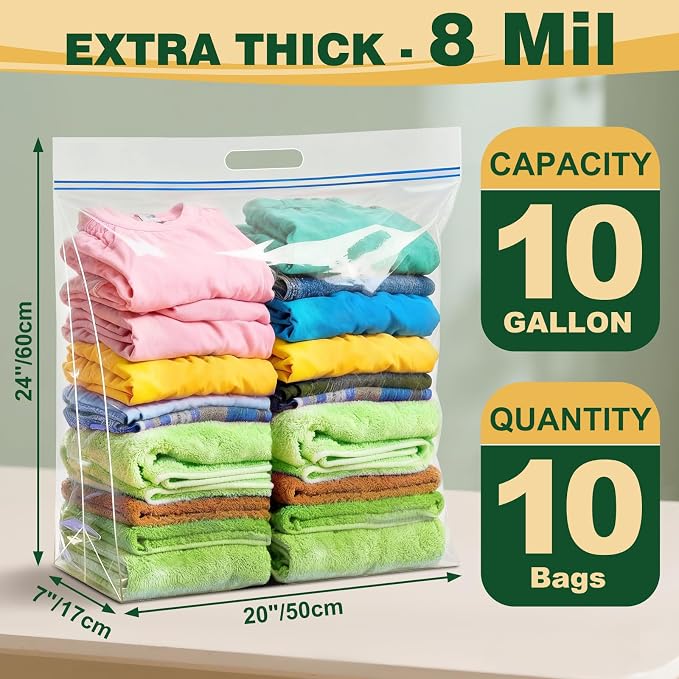 TUXIYA 10 PACK Extra Large Storage Bags, 10 Gallon 24"x20"x7" Zipper Bags - Image 2