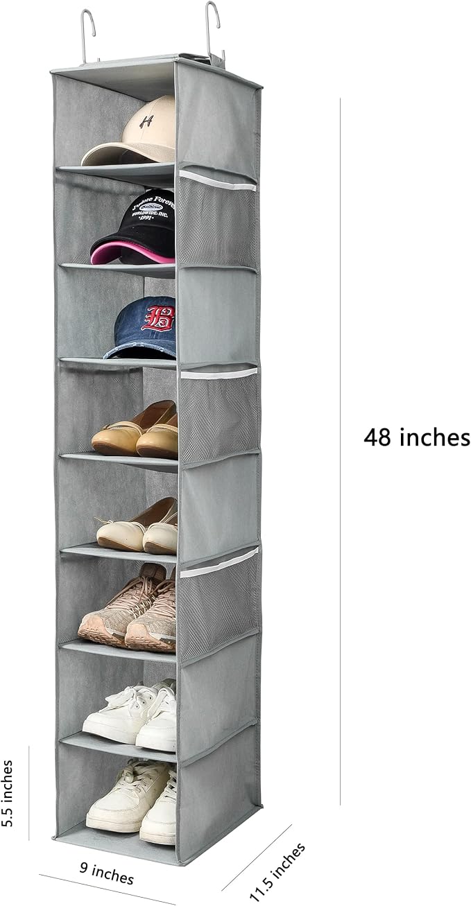 Berdeng Hanging Shoe Organizer for Closet with Side Mesh Pockets，Hat Racks for Baseball Caps，Shoe and Hat Holder & Storage，8-Shelf，Gray，2 Pack - Image 3