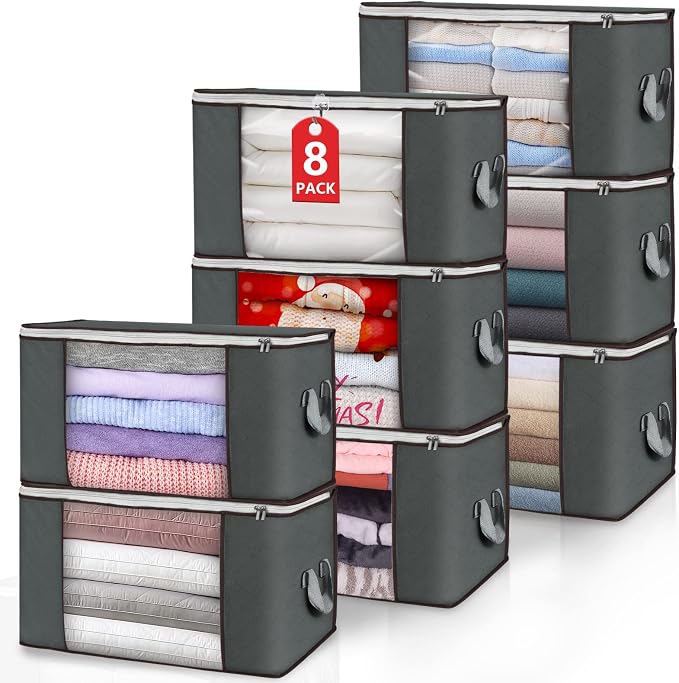 90L Large Storage Bags, 8 Pack Clothes Storage Bins Closet Organizers | Foldable Storage Containers, with Reinforced Handle, for Clothing, Blanket, Comforters, Bed Sheets, Pillows and Toys by BuddingJoy-BuildaJoyfulLifeforYou