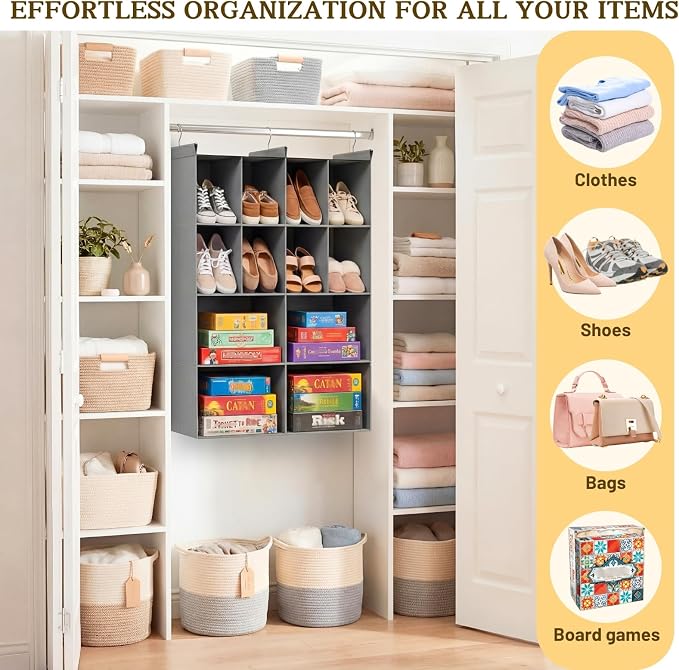 4 Tier Hanging Closet Organizer, 12 Compartments Dual Row Storage, Grey | Closet Organizers and Storage with Large & Small Cubbies, 3 Sturdy Hooks Support Heavy Loads, for Dorm, RV, Garment Rack - Image 6