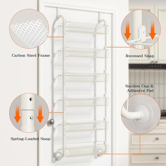 MIAOLI Over the Door Pantry Organizers and Storage, 6-Tier Spice Rack, Home & Kitchen Storage Shelves for Cabinet, Large Capacity Hanging Seasoning Organizer, Laundry Room Organization, White - Image 5