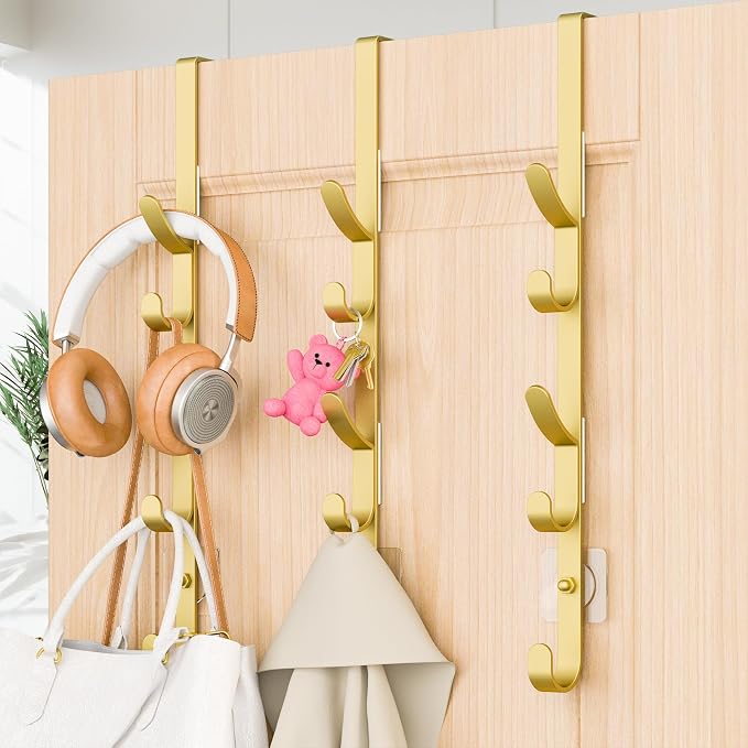 Kaiferty Over the Door Hooks, Metal Door Hooks for Hanging, Over the Door Purse Organizer for Door Coat Hanger, Back of Shower for Hanging Towel Rack Clothes, Hat, Bathroom, Closet (Gold-3Packs) by Kaiferty