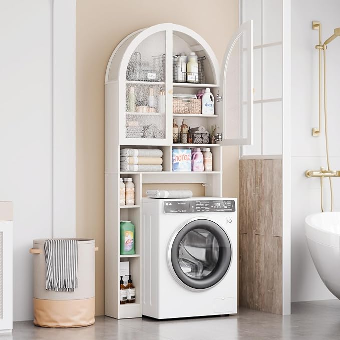 Over The Toilet Storage Cabinet, 29.7”W Modern Storage Cabinet Over Toilet with Acrylic Doors, Arched Freestanding Over Toilet Rack with Adjustable Shelf for Bathroom, White - Image 3