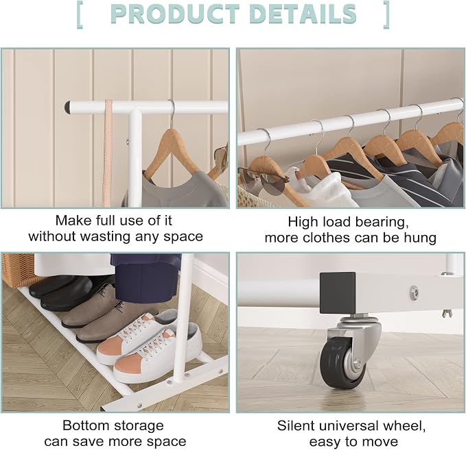 Sywhitta Double Rod Metal Clothing Garment Rack on Wheels, White - Image 5