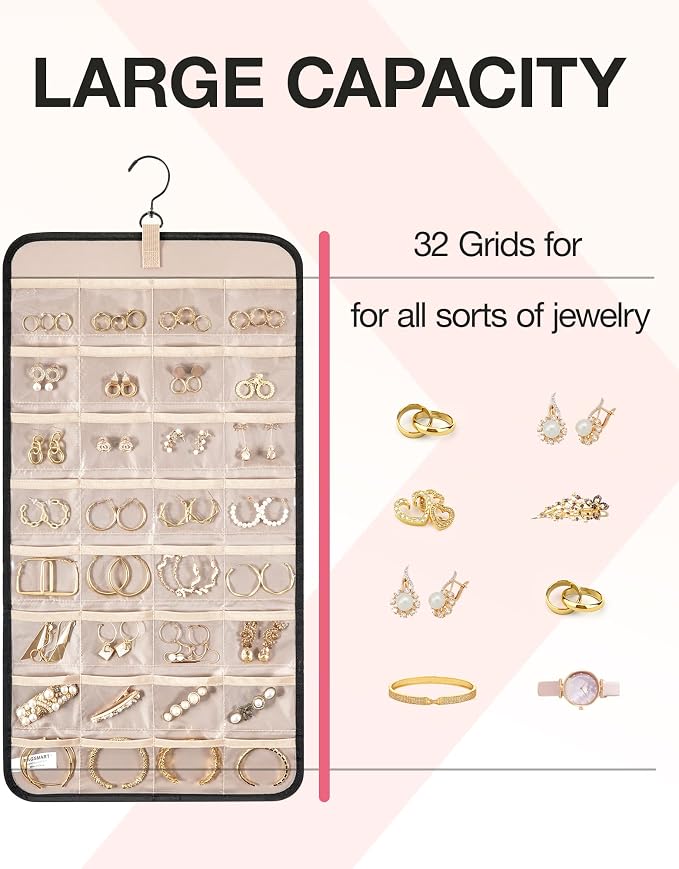 BAGSMART Hanging Jewelry Organizer Necklace/Earring/Ring 2-Sided M Black - Image 3