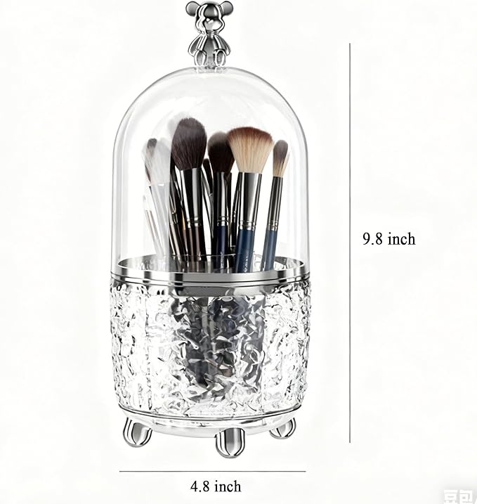 Dezzer Makeup Brush Holder with Lid, 360 Rotating Make Up Organizers with 6 Dividers, Dustproof Make up Brush Pencil Holder for Desk Vanity Bathroom Countertop Office, Clear - Image 3