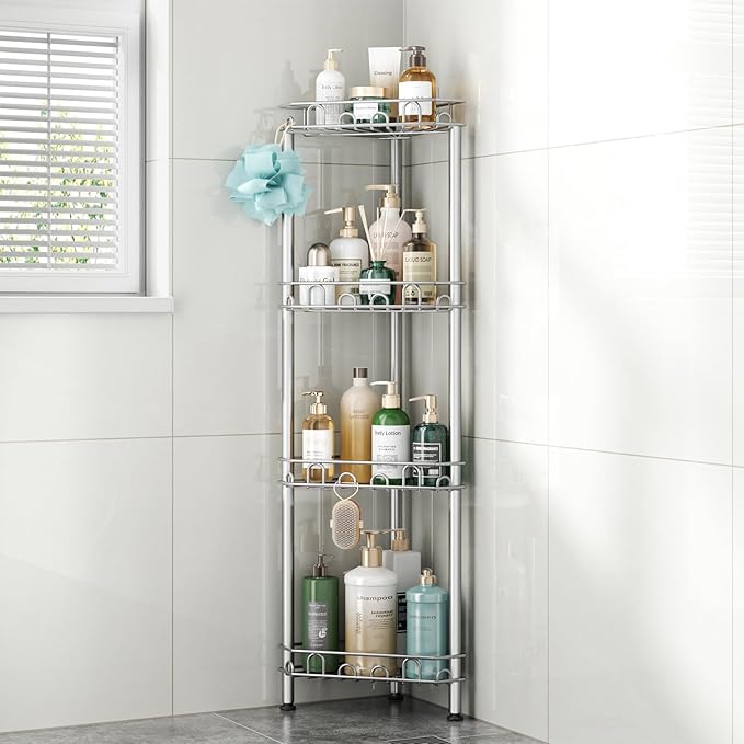 SWTYMIKI Standing Shower Caddy Corner - 4‑Tier Stainless Steel Shower Organizer Shelf with 12 Hooks and Adhesive Pads, Rustproof Corner Shelves Stand Rack for Bathroom Shower Room, Silver by SwtyMiki-TidyHomeSweetLife