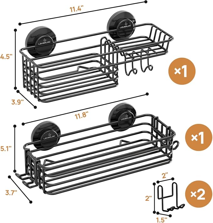 LEVERLOC Shower Caddy Suction Cup, 2 Pack Suction Shower Shelf With Hooks - Image 4