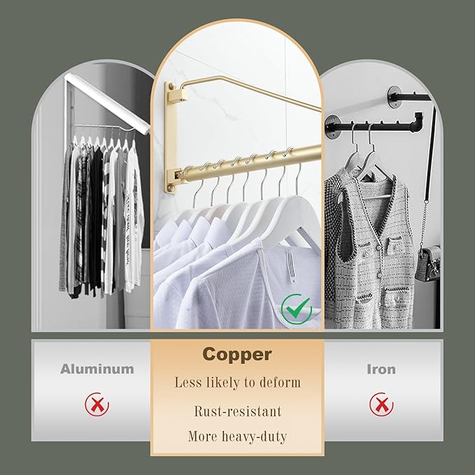 NEWRAIN Folding Wall Mounted Clothes Hanger Rack Clothes Hook Solid Brass with Swing Arm Holder Clothing Hanging System Closet Storage Organizer Heavy Duty Drying Rack Wall Mount,Brushed Gold - Image 3
