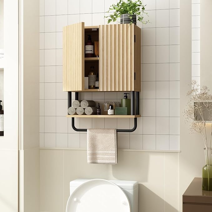 RUSTOWN Fluted Bathroom Wall Cabinet with 2 Doors, 3-Tier Medicine Cabinet - Image 4